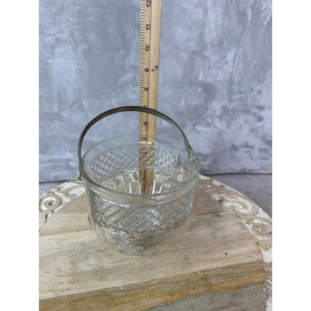 Vintage Glass Ice Bucket Diamond Cut Pattern Hammered Metal Handle Clear Barware